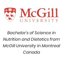 McGill University logo with text beneath it: "Bachelor’s of Science in Nutrition and Dietetics from McGill University in Montreal Canada"