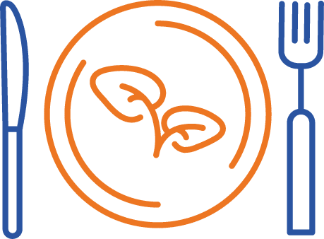 Icon of plate with fork and knife on either side and a sprout on the center of the plate for mindfulness in weight management and pregnancy nutrition