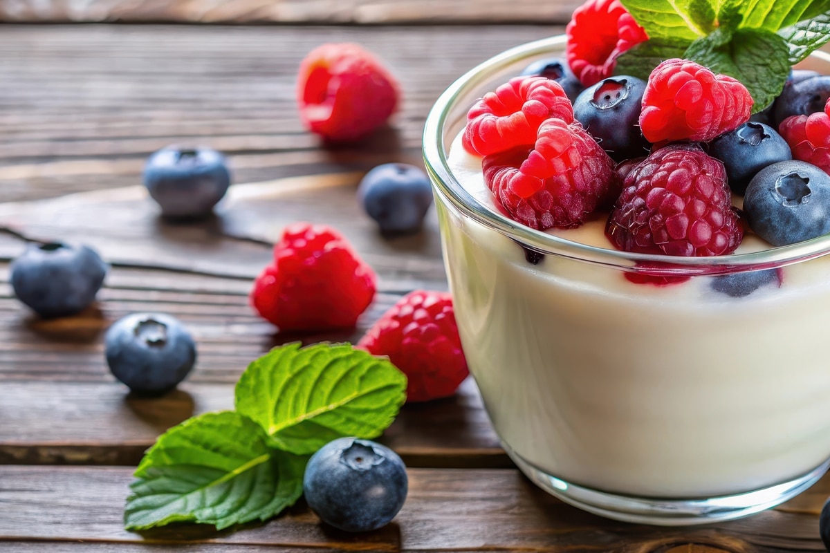 raspberries and blueberries with yogurt - high-fiber breakfast