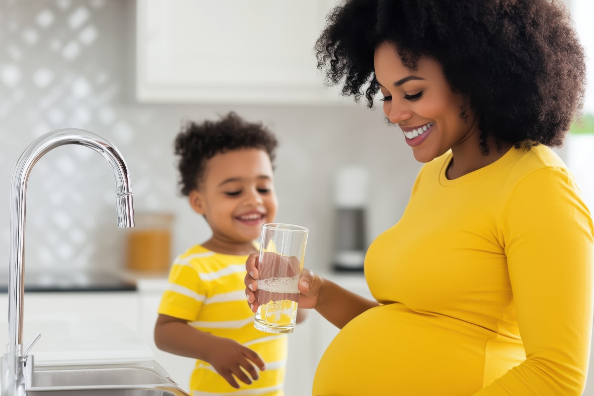 pregnant woman drinking water in the kitchen with a toddler smiling in the background