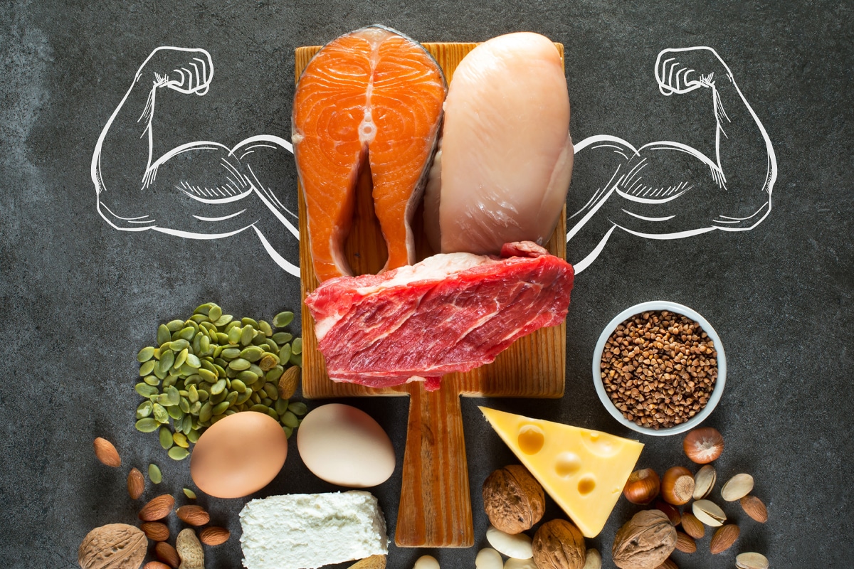 protein and muscle mass concept - protein sources with muscles illustration on the side